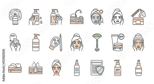 Vector Icons Set of Illustrated Skincare Routine Cleansing Hydrating and Protecting Skin with Various Products. Vector Illustrations