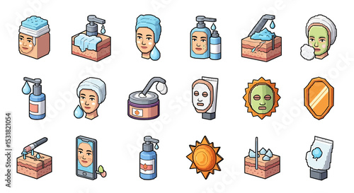 Vector Icons Set of Illustrated Skincare Routine Cleansing Treatments and Protection for Healthy Skin. Vector Illustrations