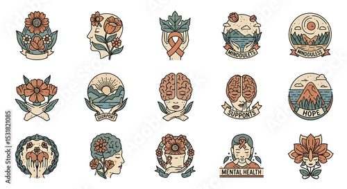 Vector Icons Set of Intricate Floral and HumanForm Illustrations Representing Mental Wellness Concepts. Vector Illustrations