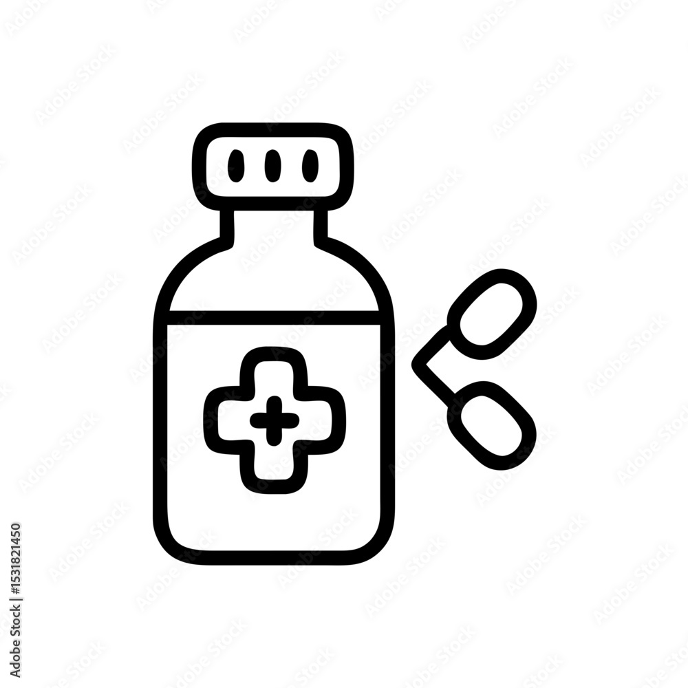 Obraz premium Medicine bottle with capsules in outline style 