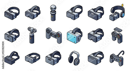 Vector Icons Set of Isometric Collection of VR Headsets Game Controllers and Accessories. Vector Illustrations