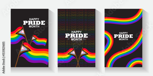 LGBT pride cards, poster, banner, set background. pride month cover with love bear and rainbow colors. Rainbow colored wavy abstract lines. Vector Template for Pride Month, ads promo, post, web,