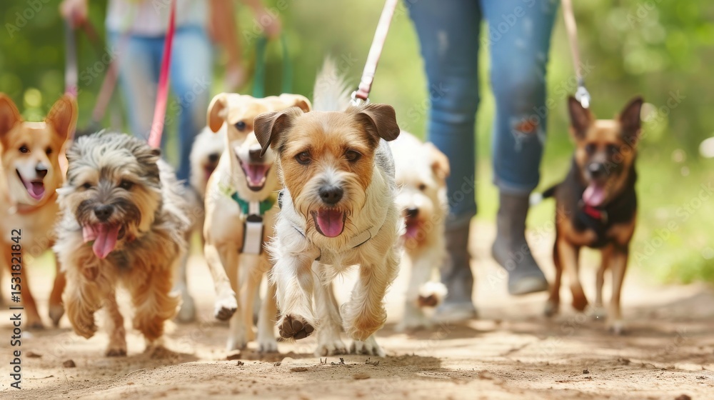 Dog Walkers: A Pack of Happy Dogs on a Sunny Trail Dog Walkers: A Pack of Happy Dogs on a Sunny Trail
