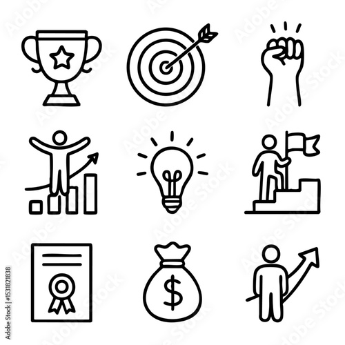 A set of doodle line icons representing success, goal setting, personal growth, motivation, achievement, and business development concepts