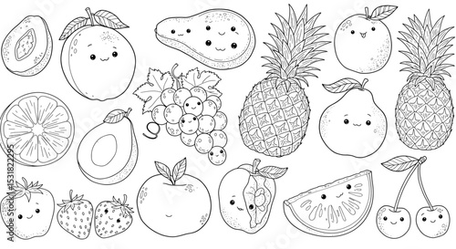 Whimsical fruit medley in black and white line art, perfect for coloring books and educational projects for kids