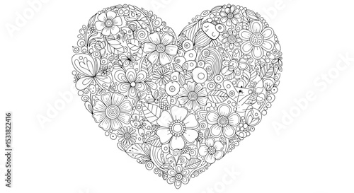 Intricate floral heart illustration featuring a detailed arrangement of flowers, leaves, and decorative elements for creative projects, coloring pages, or artistic designs.
