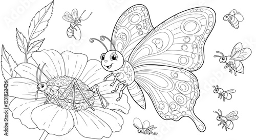 Cartoon insects gathering nectar on a daisy with a butterfly in a black and white coloring page illustration