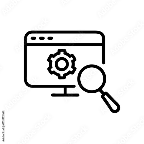 Line art computer screen with gear and magnifying glass icon  