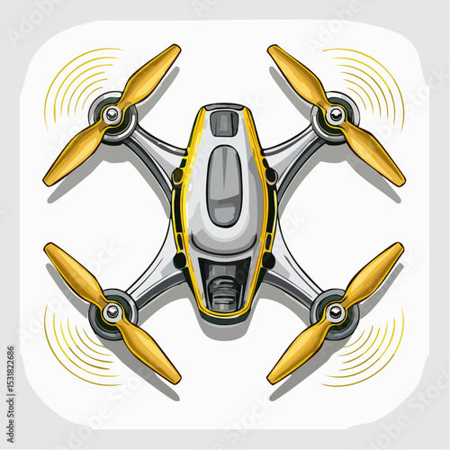 Illustration of a yellow and gray drone with spinning propellers against a white background.