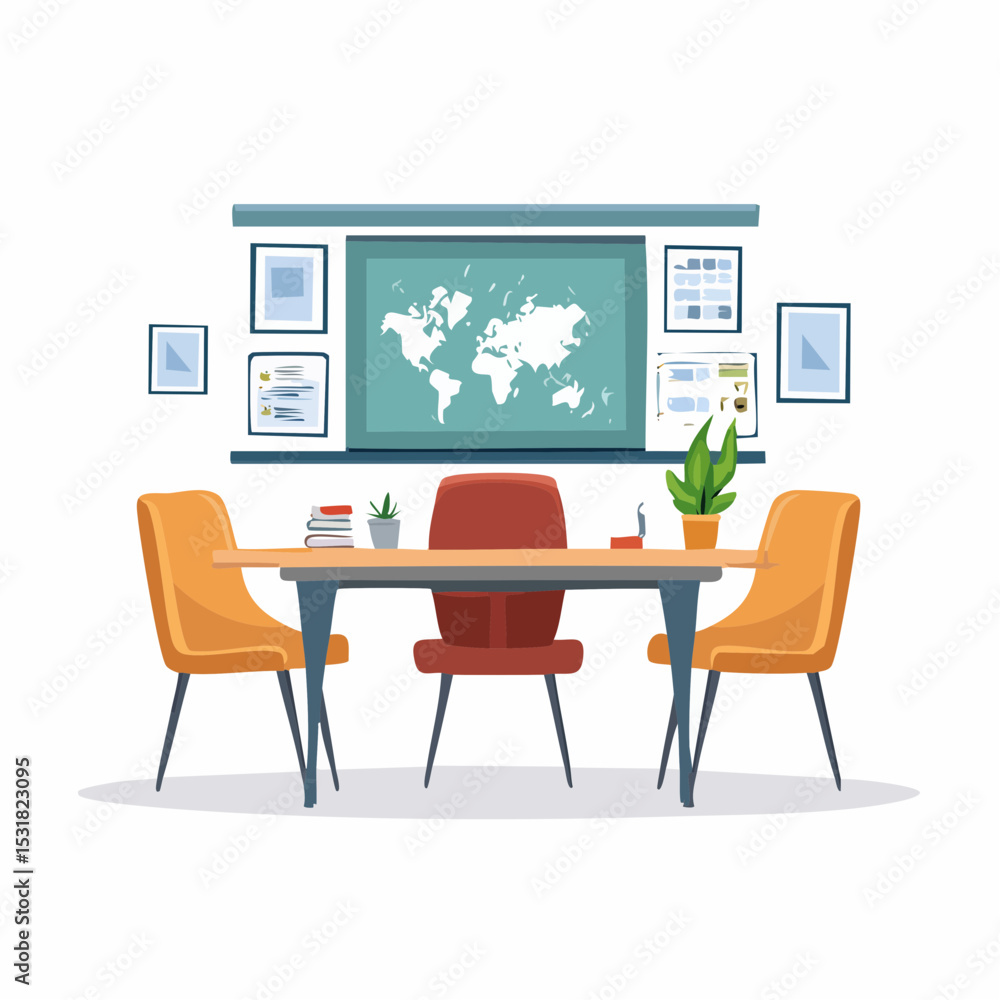 Fototapeta premium Illustration of a conference room with a table, chairs, world map, and various documents on the wall.