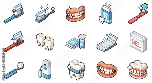 Vector Icons Set of Isometric Dental Care Icons Toothbrushes Dentures and Oral Hygiene Products. Vector Illustrations