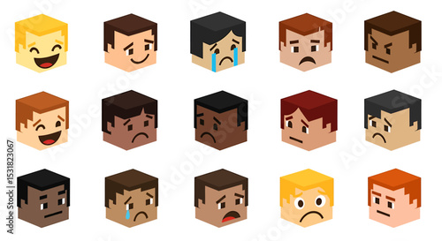 Vector Icons Set of Isometric Cuboid Heads Displaying Diverse Human Emotions. Vector Illustrations