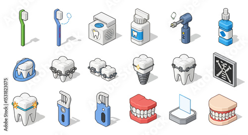 Vector Icons Set of Isometric Dental Care Icons Toothbrushes Floss Drill Mouthwash Braces XRay. Vector Illustrations