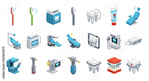 Vector Icons Set of Isometric Dental Care Icons Toothbrushes Floss Toothpaste Chair and Equipment. Vector Illustrations