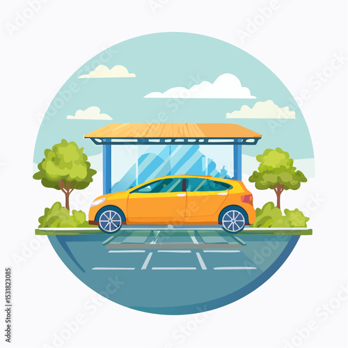 A vibrant illustration of a yellow car parked at a bus stop, with trees.