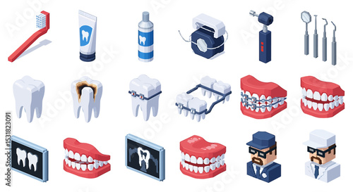Vector Icons Set of Isometric Dental Care Illustrations Tools Teeth and Professionals. Vector Illustrations
