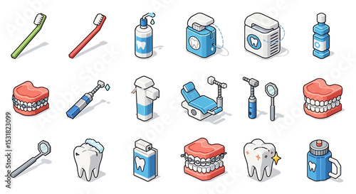 Vector Icons Set of Isometric Dental Tools and Equipment for Oral Hygiene and Healthcare. Vector Illustrations