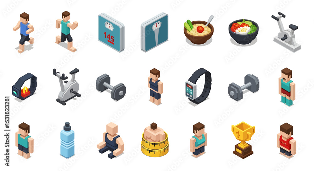 Fototapeta premium Vector Icons Set of Isometric Fitness Icons Exercise Diet and Results. Vector Illustrations