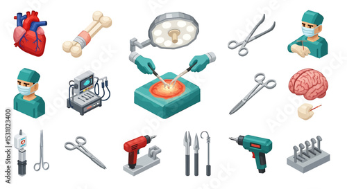 Vector Icons Set of Isometric Illustration of Surgical Instruments Organs and Medical Equipment. Vector Illustrations