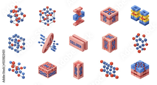 Vector Icons Set of Isometric Illustrations of Collagen Molecular Structures and Fibrils. Vector Illustrations