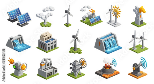 Vector Icons Set of Isometric Illustrations of Diverse Renewable Energy Sources and Power Generation. Vector Illustrations