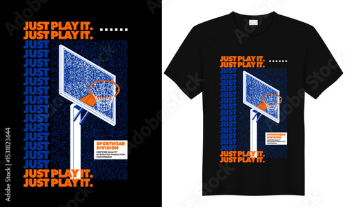 Basketball shirt Graphic: A dynamic basketball shirt design showcasing a graphic of a basketball hoop. The shirt design is rendered with a modern, visually striking aesthetic. 