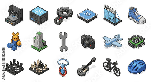 Vector Icons Set of Isometric Illustrations of Technology Tools and Leisure Items. Vector Illustrations