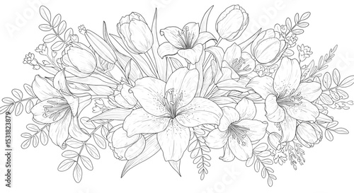 An elegant floral arrangement featuring lilies and tulips in a line art style, creating a sophisticated design ideal for coloring books