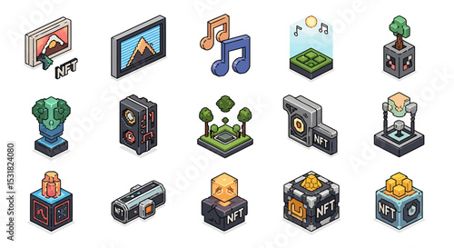 Vector Icons Set of Isometric NFT Icons Representing Digital Art Music Nature and Technology Concepts. Vector Illustrations