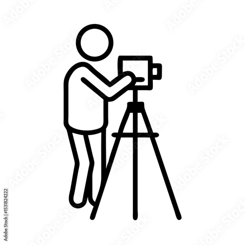Surveyor operating a theodolite on a tripod in a simple outline style  