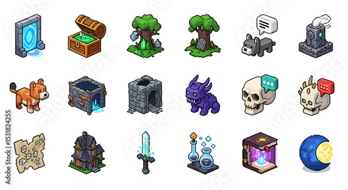 Vector Icons Set of Isometric Pixel Art Game Assets Portal Treasure Creatures and Spells. Vector Illustrations