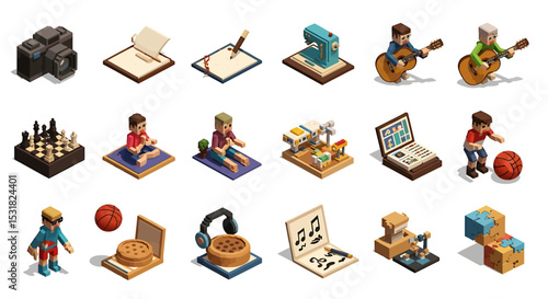 Vector Icons Set of Isometric pixelated hobbies and activities collection featuring diverse interests and pastimes. Vector Illustrations