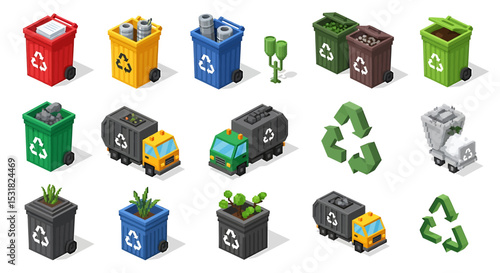Vector Icons Set of Isometric Recycling Bins and Trucks with Paper Metal Plants and Waste. Vector Illustrations