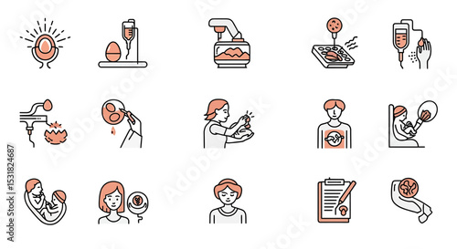 Vector Icons Set of IVF Process Icons Egg Fertilization Embryo Transfer and Pregnancy Stages. Vector Illustrations