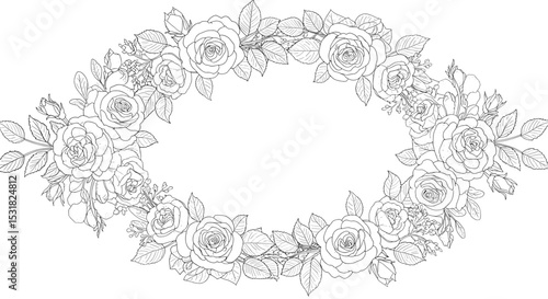 Elegant floral oval frame with detailed roses, leaves, and buds, perfect for adding a touch of sophistication and natural beauty to designs