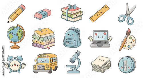 Vector Icons Set of Kawaii School Supplies Pencil Eraser Books Globe Backpack Laptop and More. Vector Illustrations