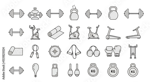 Vector Icons Set of Linear Fitness Equipment Icons Weights Cardio Machines and Accessories. Vector Illustrations