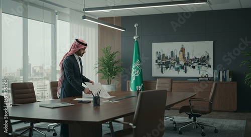 Saudi Arabian Businessman Reviewing Documents in Modern Office