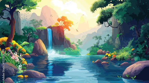 Idyllic Fantasy Forest with Sparkling River.