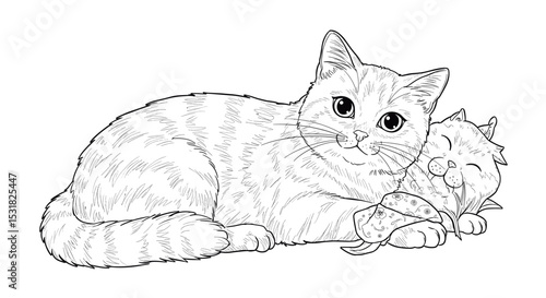 Adorable feline friends cuddling together, a sweet cat and kitten companionship in a charming line art illustration