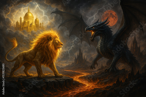 Lion of Judah Confronts Dragon Beneath Blood Moon – Biblical End Times Vision of Revelation, Strength, and Divine Power