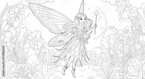 Enchanted fairy princess with magical wand in a lush garden coloring page for creative enjoyment and relaxation