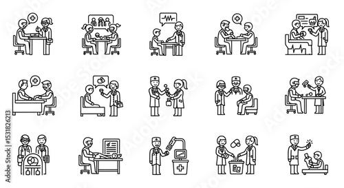Vector Icons Set of Medical Professionals Interacting with Patients in Various Healthcare Scenarios. Vector Illustrations
