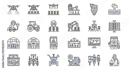 Vector Icons Set of Modern Agricultural Technology Icons Depicting Drones Tractors and Smart Farming Systems. Vector Illustrations