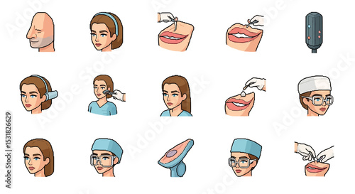 Vector Icons Set of Pixelated Cosmetic Procedures Cartoonish Depiction of Beauty Treatments and Medical Interventions. Vector Illustrations