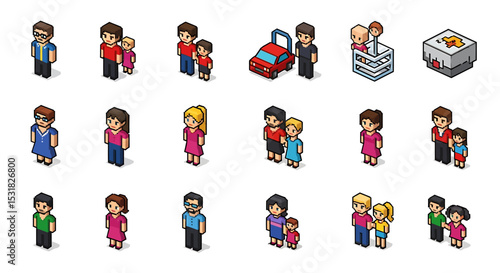 Vector Icons Set of Pixelated isometric families couples and objects in vibrant colors and blocky designs. Vector Illustrations