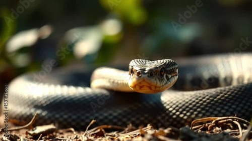 Close up of a coiled snake on natural ground with detailed scales in sunlight