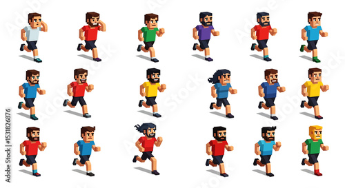 Vector Icons Set of Pixelated Running Figures in Various Colors and Poses. Vector Illustrations