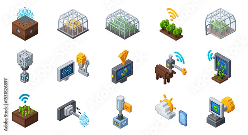 Vector Icons Set of Pixelated Smart Farming System with Automated Greenhouse and Livestock Monitoring. Vector Illustrations