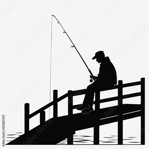 A person sitting with a fishing rod on a dock at night  image silhouette design vector art and illustration	